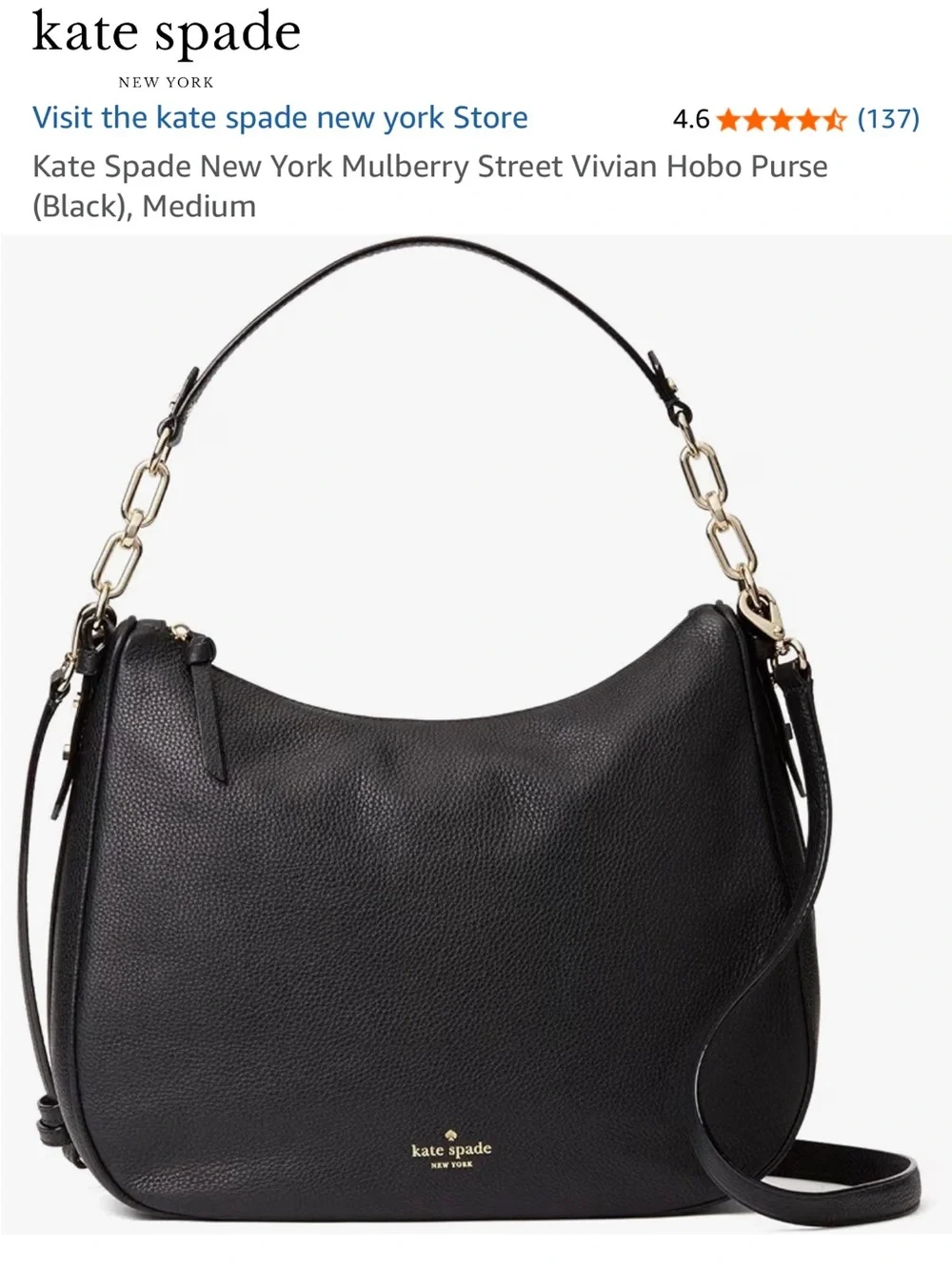 kate spade mulberry street Vivian Hobo Black,  Pebbled Leather, Medium